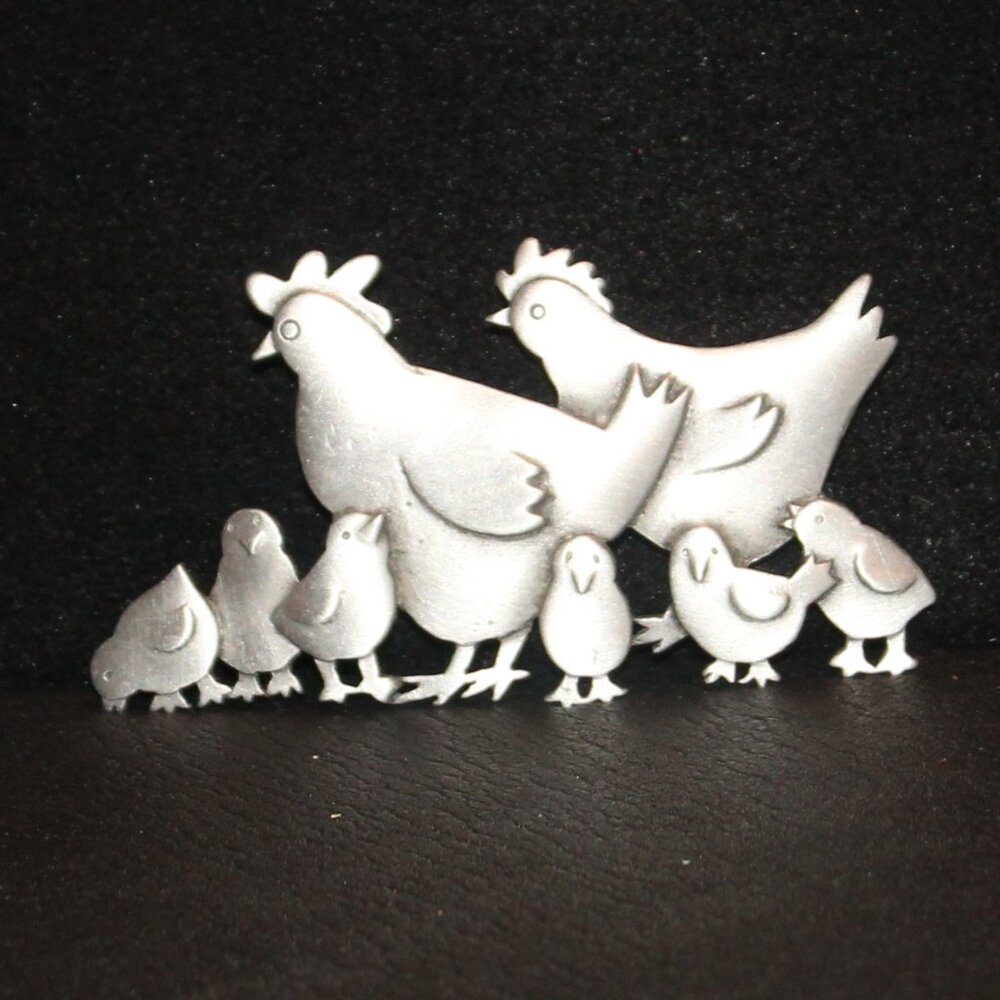 Vintage JJ Jonette Jewelry Pewter Hen & Chicks Brooch Pin Chicken Farm